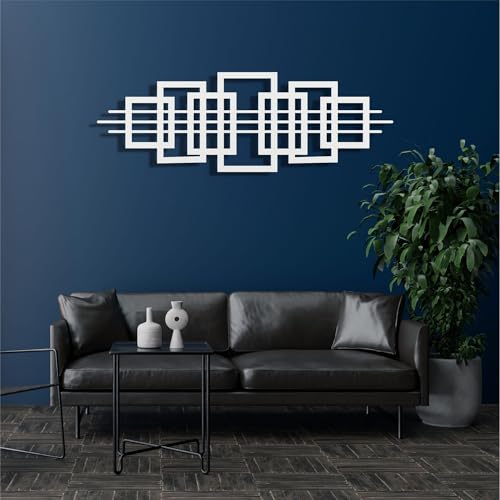 DEKADRON Squares Geometric Wall Art, Abstract Metal Wall Decor, Home Office Entryway Bedroom Living Room Decoration, Metal Wall Hangings, Modern Wall Sign, (White, 39" W x 13" H / 100x34cm, Squares) - color: White, size: 39"L x 13"W