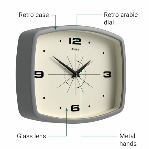 JONES CLOCKS® Movie wall Clock | Rectangular Retro Clock | 10" | Gray - color: Pepper Grey