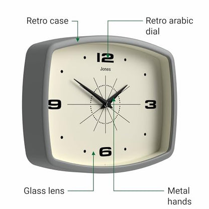 JONES CLOCKS® Movie wall Clock | Rectangular Retro Clock | 10" | Gray - color: Pepper Grey