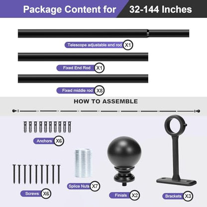 Heavy Duty Steel Curtain Rod 1 Inch Diameter - Adjustable 30-144 Inches for Windows, Room Dividers and Indoor/Outdoor Use - Rust-Resistant Matte Black Finish, Sturdy Metal Brackets Included - size: 30" - 144"