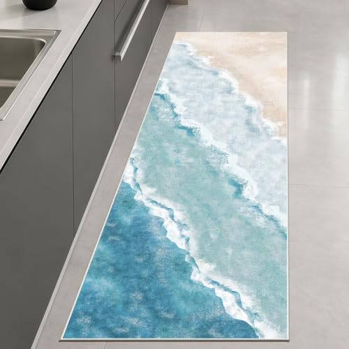 Beach Pattern 2x6ft Runner Rug Non Slip Washable Kitchen Runner Rug with Rubber Backing，Low-Pile Soft Washable Runner Rugs for Hallway Entryway Kitchen Bedroom Living Room Bathroom - color: Light Blue Beach, size: 2' x 6' (Rug)