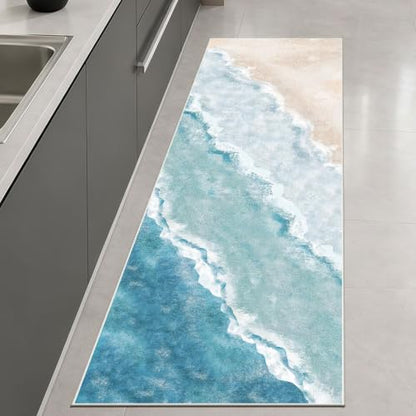 Beach Pattern 2x6ft Runner Rug Non Slip Washable Kitchen Runner Rug with Rubber Backing，Low-Pile Soft Washable Runner Rugs for Hallway Entryway Kitchen Bedroom Living Room Bathroom - color: Light Blue Beach, size: 2' x 6' (Rug)