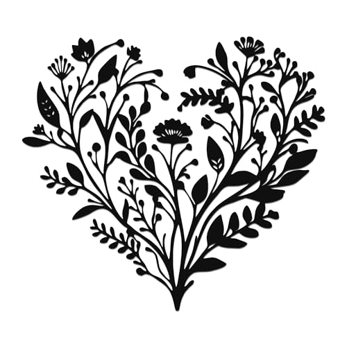 JEWLOVE Floral Heart Wall Art, Metal Flowers Decor | Heart filled with metal flowers and leaves; botanical wall decor for living room, bedroom; 12.2x11in; love, valentine gift