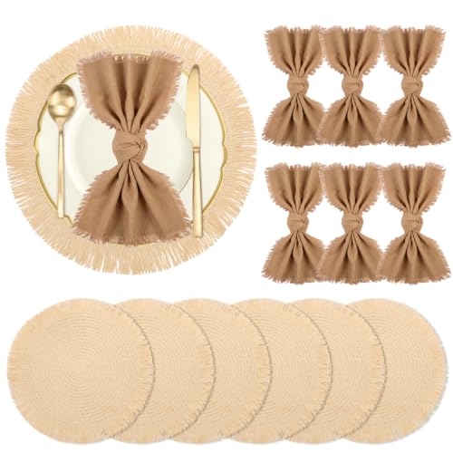 Boho Placemats Napkins Set of 6 Fall Table Brown Linen Napkins - color: Brown