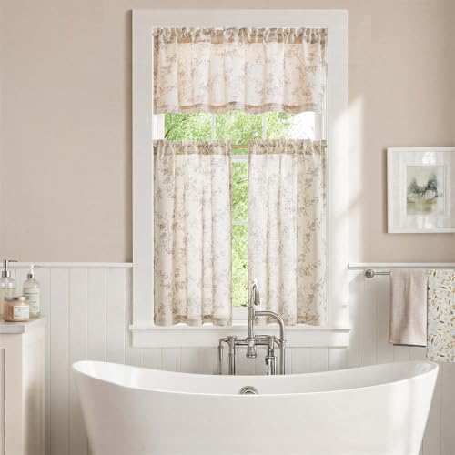 jinchan Taupe Linen Floral Kitchen Tier Curtains and Valance Set 3 Pieces - color: Alisa | Taupe on Linen, size: 26"W x 36"L (Pack of 3)
