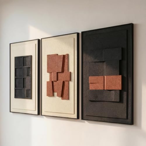 AMAATE 3Pcs 3D Sandstone Wall Art, Black Frame Wabi-Sabi Geometric Relief | 3D textured sandstone relief, black & terracotta, black metal frame, wabi-sabi, ready to hang for living room bedroom office - color: Black White Brown, size: 20" x 30" inch