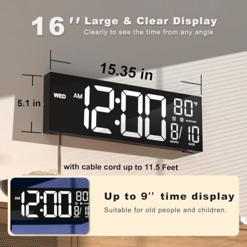 JALL 16" Large Digital Wall Mount Clock, Count Down Timer, Alarm, Big LED, DST, Temperature for Living Room Classroom Desk, Xmas, Birthday Gift for Senior Men Women Mom Dad, White - color: White, size: 16 inches
