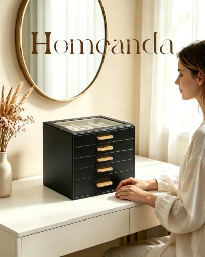 Homeanda Jewelry Boxes Organizer with Glass Lid, 5-Layer PU Leather, Black - color: Black, size: 5 Layer