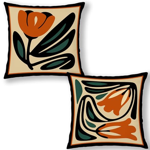 Mid Century Modern Retro Floral Pillow Covers 18x18 Double-Sided, Boho Abstract Orange Teal Flower Decorative Throw Pillow Covers Pillowcases for Living Room Home Bedroom Set of 2 - color: Green & Orange 11, size: 18" x 18" (Pack of 1)