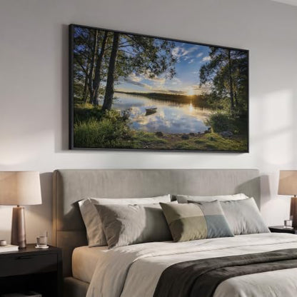 Large Framed Sunrise Lake Landscape Wall Art for living room, 60x30 Inch - color: Blue