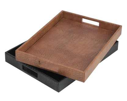 HofferRuffer Rectangle Serving Tray with Hole Handles for Coffee Table, Breakfast, Tea, Food, Butler - Countertop, Kitchen, Vanity Serve Tray, 16.2 x 12.2 x 2 inches, Faux Leather (Antique Brown) - color: Antique Brown