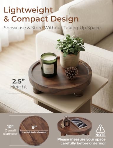 Demigo Acacia Wood Round Tray, 10 in Pedestal Riser Stand, Dark Brown - color: Dark Brown