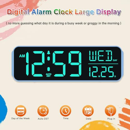 Peakeep Large Display Digital Alarm Clock for Bedroom with Date Day of Week - color: Blue Rgb