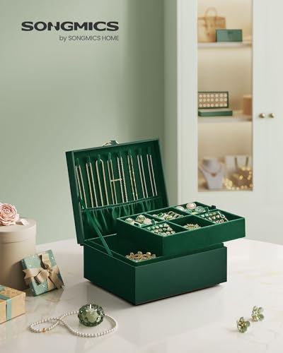 SONGMICS 2-Layer Jewelry Box with Handle, Removable Tray, Floating Effect - color: Forest Green