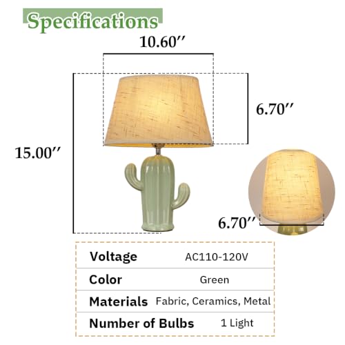 Cactus Desk Lamp, Modern Night Light with Fabric Lampshade, Ceramic Base, Adorable Bedside Table Lamp for Bedroom Nightstand