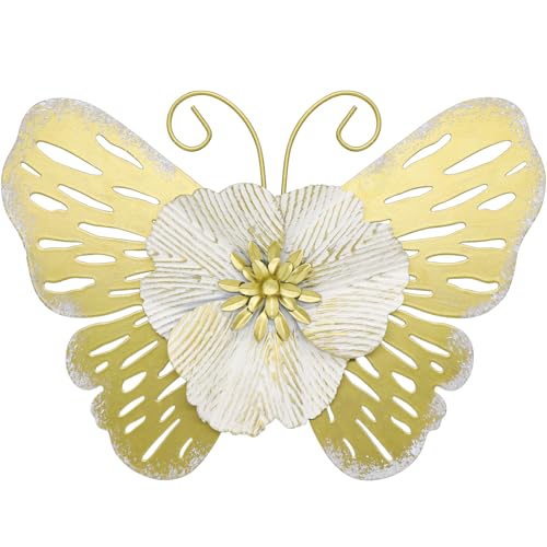 JinKune 12'' Butterfly Wall Decor 3D Double Layered Butterfly Leaf Floral Wall Art, Metal Wall Hanging Home Decorations Wall Sculpture Decor For Living Room Bedroom Kitchen Dining Room, Gold-Beige - color: Gold-Beige