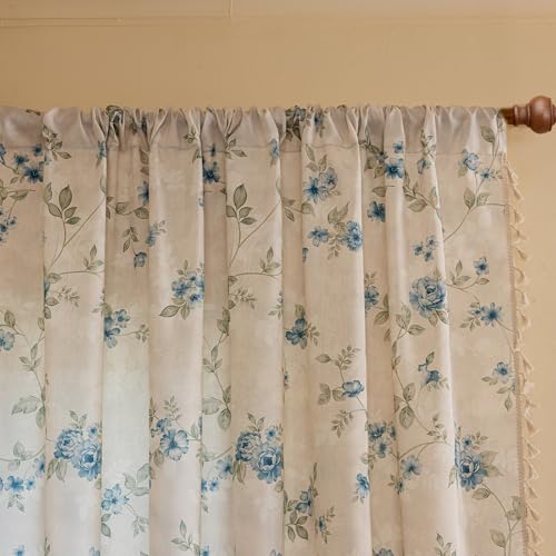 ENJOYBRIDAL Blue Floral Curtains 84 Inch Long Bedroom Cute Drapes Rod Pocket Boho Semi Sheer Rustic Window Curtain Panels Floor Length Living Room Farmhouse 2 Panels Vintage Window Treatments - color: Floral12, size: 52"W x 84"L (Pack of 2)