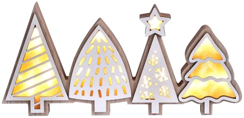 Christmas Tabletop Decorations, Lighted Wooden Christmas Tree Table Decor, Indoor Xmas Tree Block Sign with LED Lights, Farmhouse Winter Holiday Centerpiece for Mantel Shelf (White)