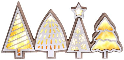 Christmas Tabletop Decorations, Lighted Wooden Christmas Tree Table Decor, Indoor Xmas Tree Block Sign with LED Lights, Farmhouse Winter Holiday Centerpiece for Mantel Shelf (White)