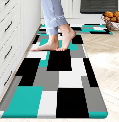 Tyrot Teal Kitchen Rugs Set of 2 Cushioned Anti Fatigue Kitchen Mats for Floor Non-Slip Waterproof Kitchen Floor Mats Geometric Ergonomic Cushioned Comfort Standing Mat for Laundry, Office, Sink - color: Teal