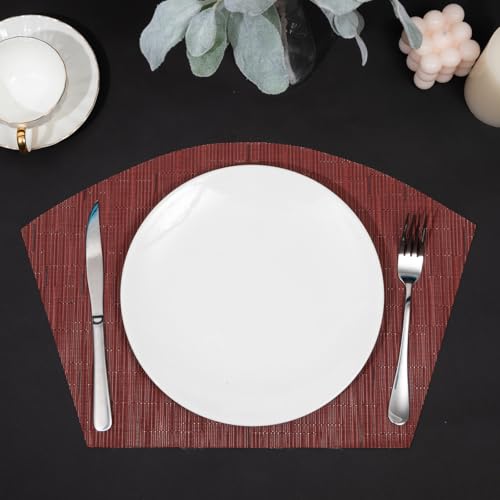 SHACOS Small Round Table Placemats Set of 5 Woven Vinyl Wedge Placemats with Centerpiece Round Table Mats Heat Resistant Wipe Clean (5, Burgundy Red) - color: Burgundy Red