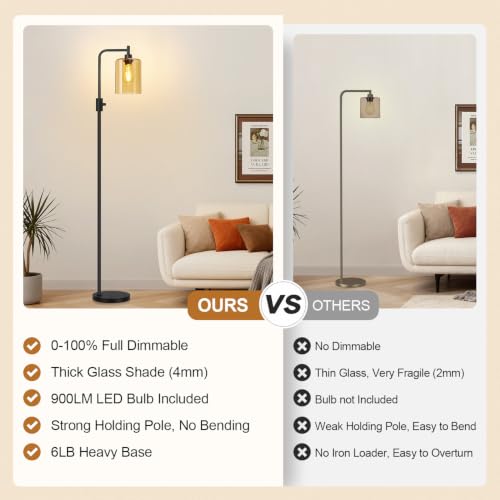 【Upgraded】 Dimmable Floor Lamp for Living Room with Amber Glass Lampshade, Black Modern Glass Floor Lamp with 900LM LED Bulb Included, Arc Standing Tall Lamp for Bedroom, Office, Reading Room, Corner - color: Amber Glass-Matte Black