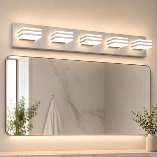 Yumecrelect 5-Light Brushed Nickel Vanity Light Fixture, 34 Inch 40W 5CCT Dimmable LED Bathroom Wall Light with Clear Acrylic Shade, Hardwired Over Mirror Lighting for Master Bath - color: Brushed Nickel-5 Color Temperature, size: 5-Light, 34-Inch