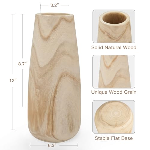 Natural Wood Vase for Dried Flowers – 12 Inch Decorative Table Vase - color: Natural, size: 12 Inch