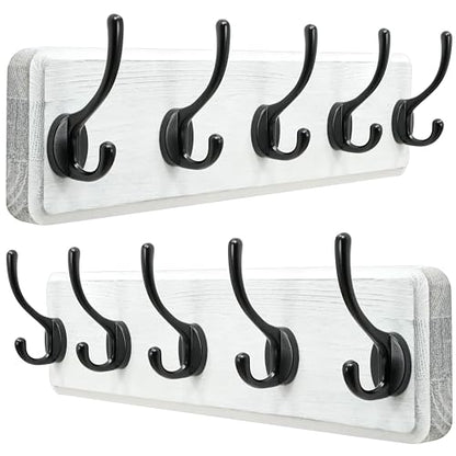Dseap Coat Rack Wall: Patented, Heavy-Duty, 5-Double-Hooks Wooden Wall Mounted Coat Rack Coat Hanger Hook Rail for Winter Coats Hat Jacket Clothing, White & Black, Pack of 2 - color: White & Black, size: L=17.4" (2pcs)