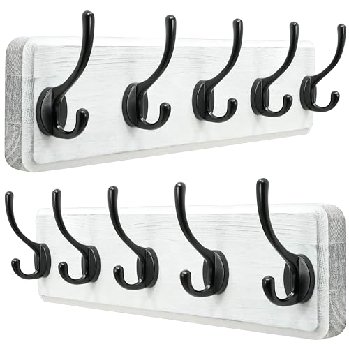 Dseap Coat Rack Wall: Patented, Heavy-Duty, 5-Double-Hooks Wooden Wall Mounted Coat Rack Coat Hanger Hook Rail for Winter Coats Hat Jacket Clothing, White & Black, Pack of 2 - color: White & Black, size: L=17.4" (2pcs)