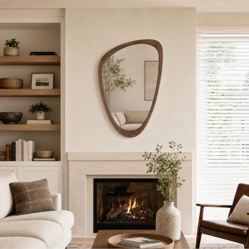 Asymmetrical Irregular Solid Wood Framed Wall Mirror, 24"x36" - color: Walnut, size: 36"L x 24"W