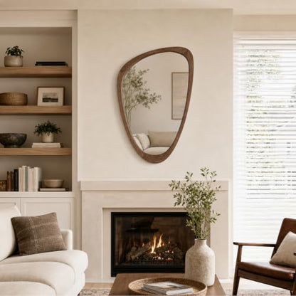 Asymmetrical Irregular Solid Wood Framed Wall Mirror, 24"x36" - color: Walnut, size: 36"L x 24"W