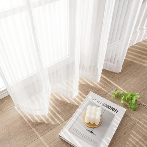 Striped White Sheer Curtains - Light Filtering Semi Sheer Window Curtains for Bedroom Living Room, Rod Pocket Soft Airy Window Treatment Drapes, 2 Panels, Each 42Wx54L Inches - color: White, size: 42"W x 54"L (Pack of 2)