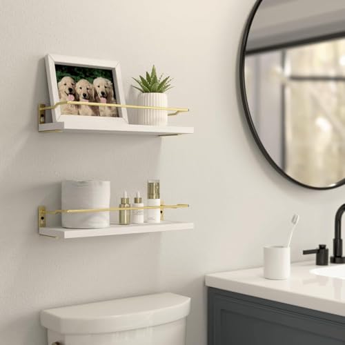 RICHER HOUSE Floating Shelves Bathroom, Small Wall Shelf Over Toilet 2 Set - color: White & Gold