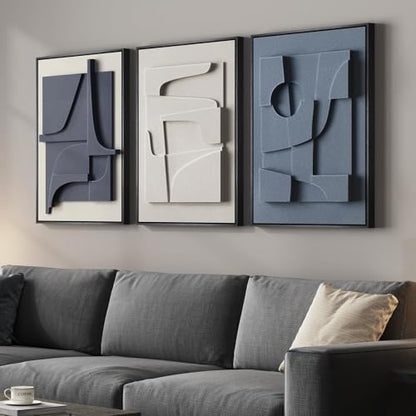 3D Textured Framed Blue and White Abstract Wall Art Set, 3 Piece, 16x24 In - color: Blue and White, size: 16"w X 24"h X 3pcs