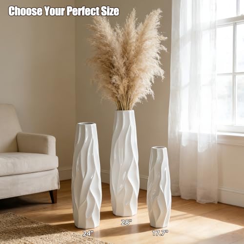 White Tall Ceramic Floor Vase, 24 Inch, Pleated Wave Design - color: Shape 1, size: 24 Inch