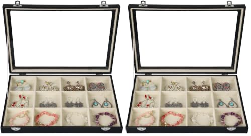 Stratalife Jewelry Organizer Bracelet Holder Organizer Box Earring Storage Drawer Jewelry Display Anti Tarnish Ring Holder For Women Girls 12 Grid (Beige Black) (Pack of 2) - color: Beige-Black, size: 12 Grid (Pack of 2)