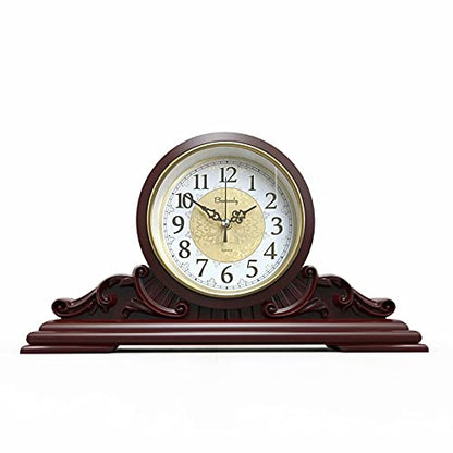 Table Clock, Antique Desk Clock, Modern Quartz Movement-Continuous Scanning (Ultra-Quiet), Suitable for Mantel/Desktop, Living Room Decoration (Maroon)