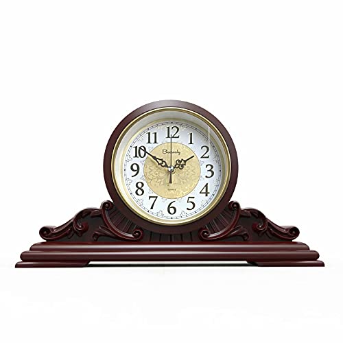 Table Clock, Antique Desk Clock, Modern Quartz Movement-Continuous Scanning (Ultra-Quiet), Suitable for Mantel/Desktop, Living Room Decoration (Maroon)