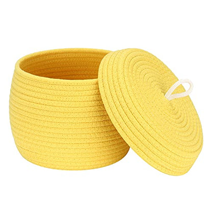 Sea Team Round Woven Cotton Rope Storage Basket with Lid, Yellow - color: Yellow, size: Small