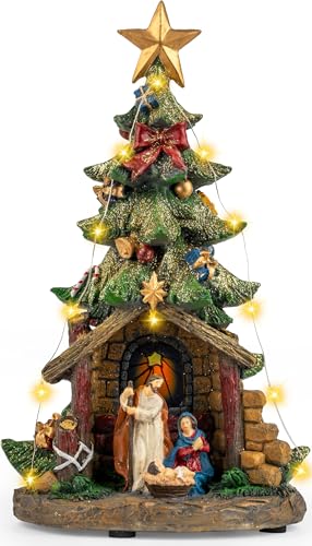 Qualdout Christmas Tree Nativity Scene with Figurines LED Light, Christmas Holy Family Nativity Scene for Xmas Decor Gift, Tabletop Decorative Christmas Ornaments