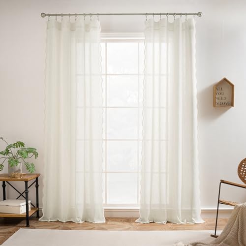 DriftAway Semi Sheer Scalloped Edge Linen Coastal Beach Window Curtains for Living Room Bedroom 2 Panels Rod Pocket Each Size 52 Inch by 96 Inch Taupe - color: Linen Taupe, size: 52"W x 96"L (Pack of 2)