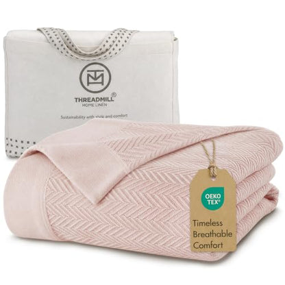 Threadmill Luxury 100% Cotton Queen Herringbone Blanket, English Rose - color: English Rose, size: Queen (90" x 92")