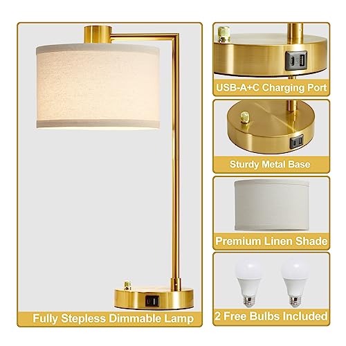 Gold Table Lamp Set of 2, Dimmable Bedside Lamps for Night Stands, USB A+C - color: Gold