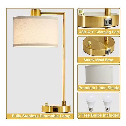 Gold Table Lamp Set of 2, Dimmable Bedside Lamps for Night Stands, USB A+C - color: Gold
