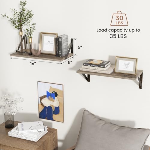 Axeman Floating Shelves for Wall, 16'' x 8'' Grey Wall Shelves Set of 2 - color: Grey, size: 16 Inch