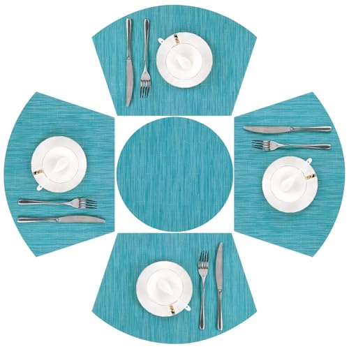 SHACOS Small Round Table Placemats Set of 5 Woven Vinyl Wedge Placemats with Centerpiece Round Table Mats Heat Resistant Wipe Clean (5, Teal Blue) - color: Teal Blue