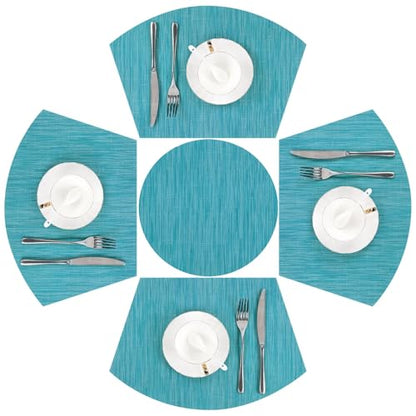 SHACOS Small Round Table Placemats Set of 5 Woven Vinyl Wedge Placemats with Centerpiece Round Table Mats Heat Resistant Wipe Clean (5, Teal Blue) - color: Teal Blue
