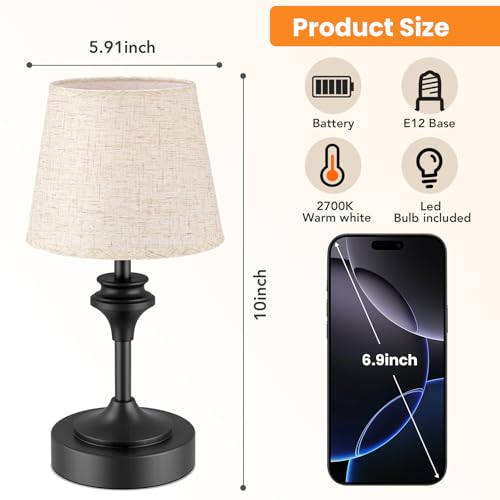 NIORSUN Portables Cordless Table Lamp Set of 2,10.2" Flaxen Fabric Shade Battery Operated Lamp,5200mAh Bedside Table Lamp with Warm White,3 Way Dimmable Touch Desk Lamp for Living Room (Black) - size: 2Pack-10.2in