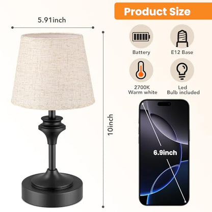 NIORSUN Portables Cordless Table Lamp Set of 2,10.2" Flaxen Fabric Shade Battery Operated Lamp,5200mAh Bedside Table Lamp with Warm White,3 Way Dimmable Touch Desk Lamp for Living Room (Black) - size: 2Pack-10.2in